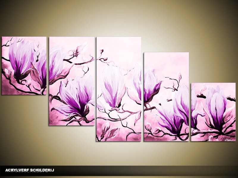 Acryl Schilderij Magnolia | Paars | 150x70cm 5Luik Handgeschilderd