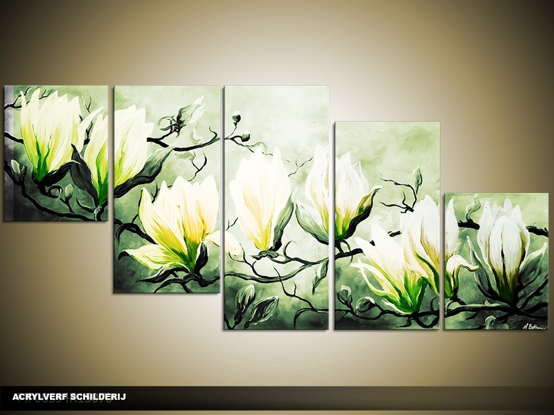 Acryl Schilderij Magnolia | Groen, Geel | 150x70cm 5Luik Handgeschilderd