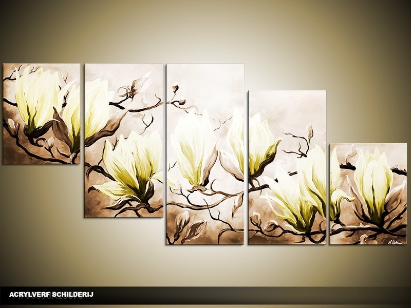 Acryl Schilderij Magnolia | Bruin, Groen | 150x70cm 5Luik Handgeschilderd