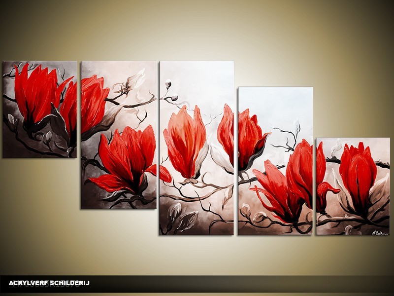 Acryl Schilderij Magnolia | Rood, Bruin | 150x70cm 5Luik Handgeschilderd