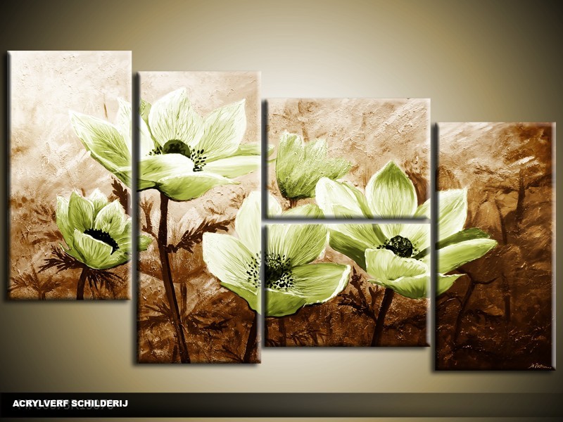 Acryl Schilderij Woonkamer | Groen, Bruin | 130x70cm 5Luik Handgeschilderd