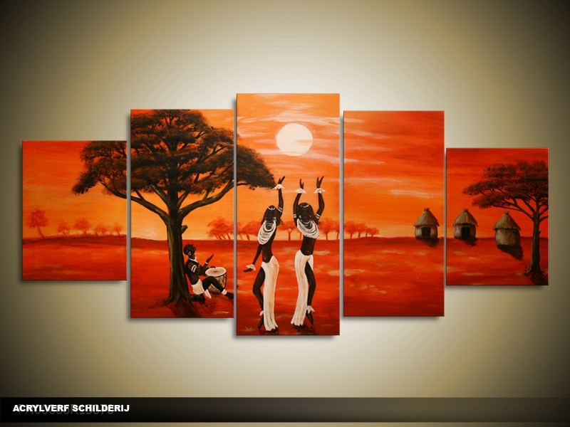 Acryl Schilderij Afrika | Rood, Bruin | 150x70cm 5Luik Handgeschilderd