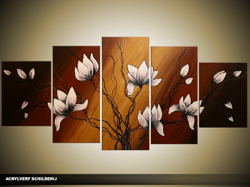 Acryl Schilderij Magnolia | Bruin, Crème | 150x70cm 5Luik Handgeschilderd