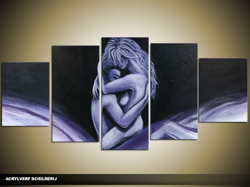 Acryl Schilderij Kunst, Sexy | Paars, Blauw, Zwart | 150x70cm 5Luik Handgeschilderd