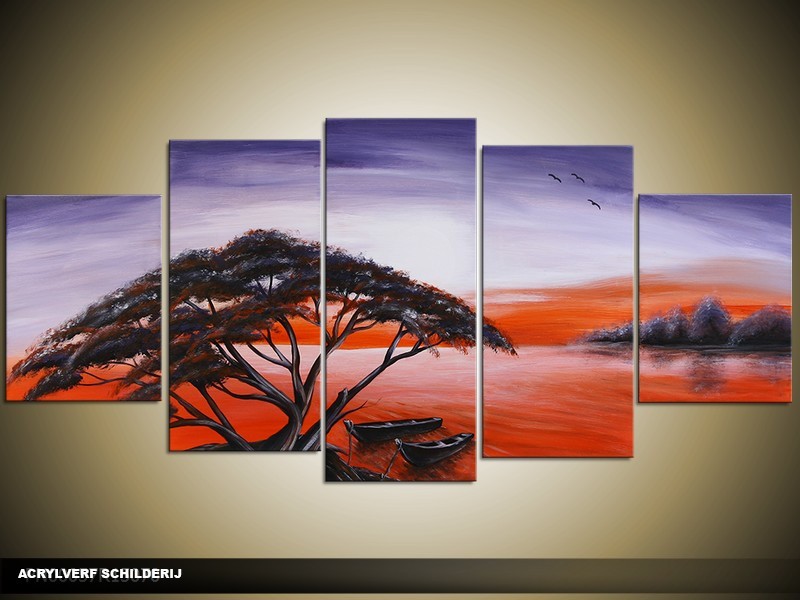Acryl Schilderij Natuur | Rood, Paars, Zwart | 150x70cm 5Luik Handgeschilderd