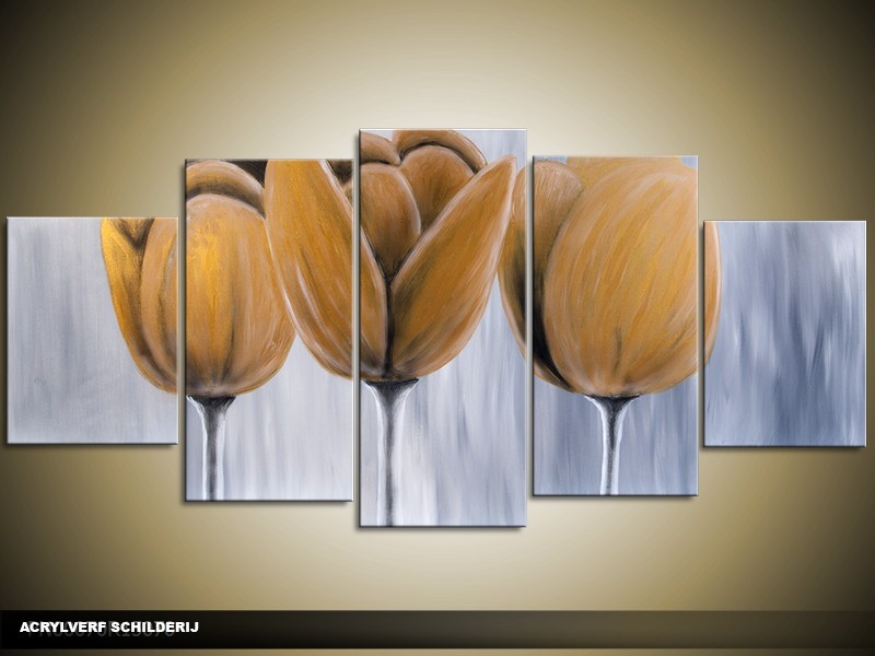 Acryl Schilderij Tulp | Geel, Grijs | 150x70cm 5Luik Handgeschilderd
