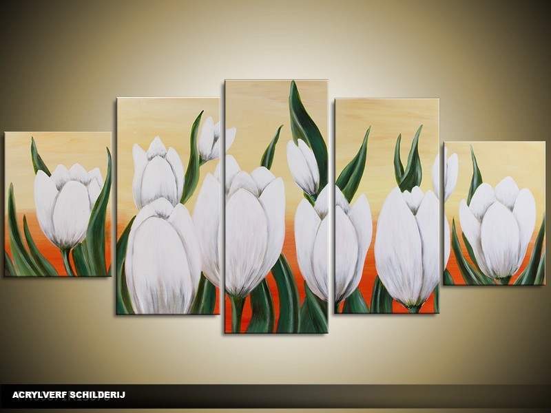 Acryl Schilderij Tulp | Wit, Crème, Oranje | 150x70cm 5Luik Handgeschilderd