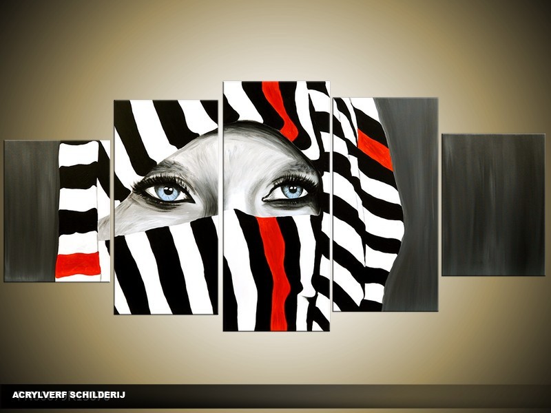 Acryl Schilderij Modern | Zwart, Rood, Wit | 150x70cm 5Luik Handgeschilderd
