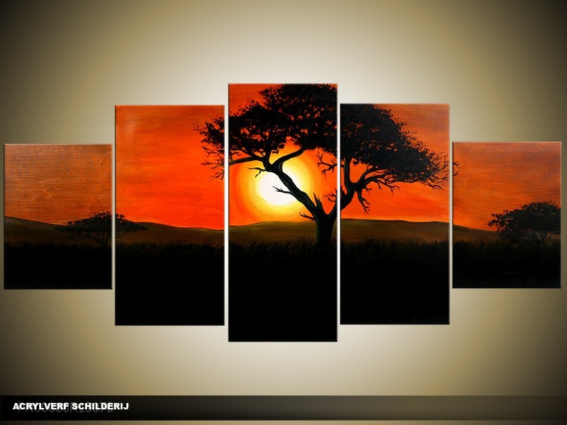 Acryl Schilderij Zonsondergang | Oranje, Zwart, Rood | 150x70cm 5Luik Handgeschilderd