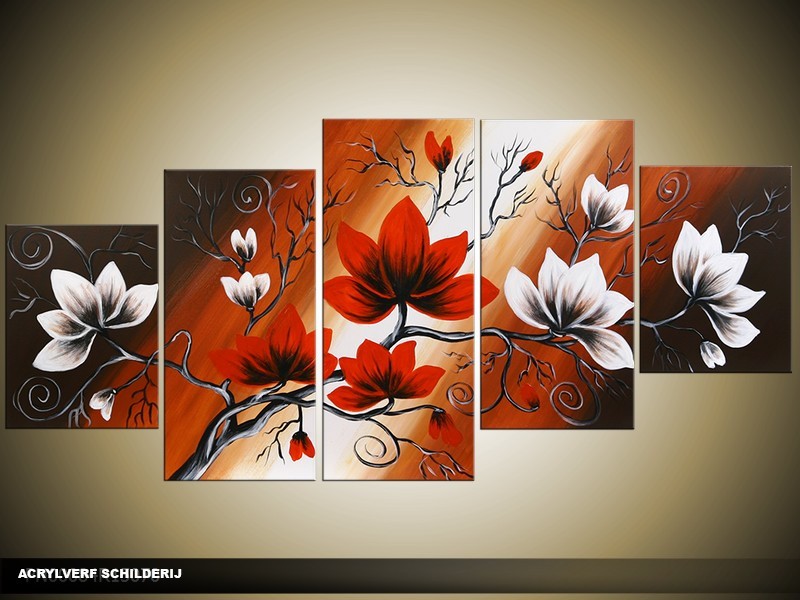Acryl Schilderij Magnolia | Rood, Wit, Bruin | 150x70cm 5Luik Handgeschilderd