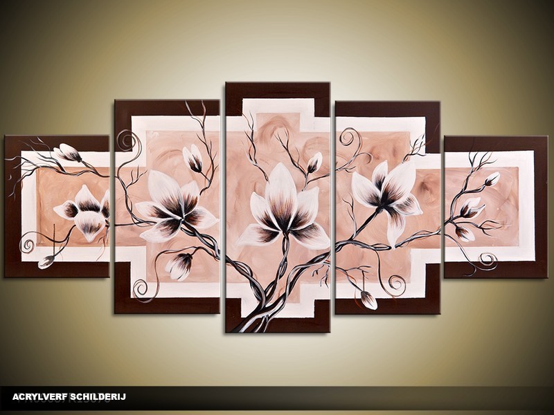 Acryl Schilderij Magnolia | Crème, Bruin, Wit | 150x70cm 5Luik Handgeschilderd
