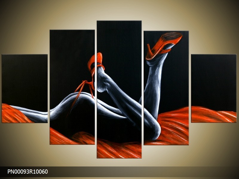 Acryl Schilderij Kunst, Sexy | Zwart, Rood, Grijs | 150x70cm 5Luik Handgeschilderd