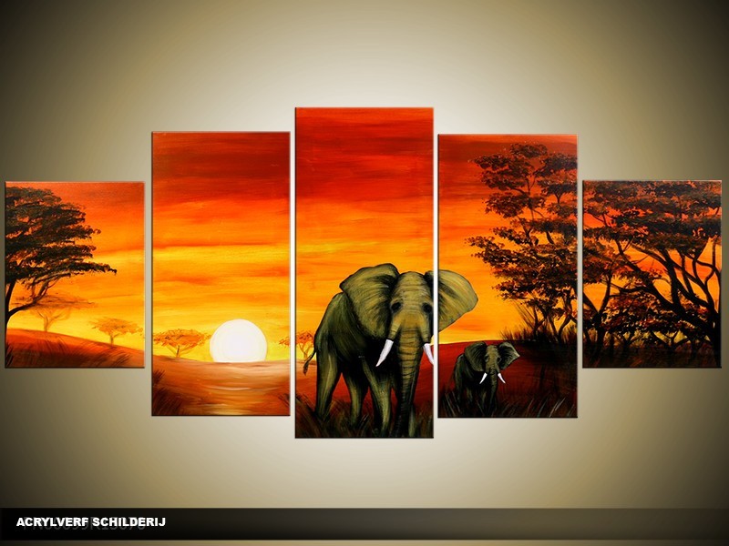 Acryl Schilderij Olifant | Rood, Oranje, Geel | 150x70cm 5Luik Handgeschilderd