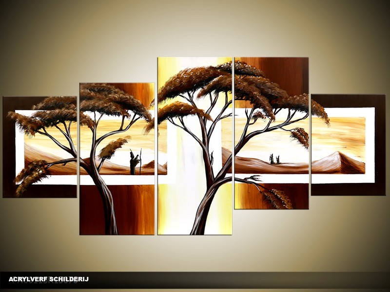 Acryl Schilderij Natuur | Geel, Bruin, Wit | 150x70cm 5Luik Handgeschilderd