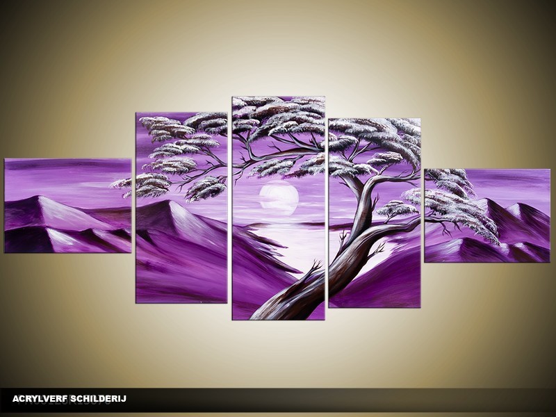 Acryl Schilderij Natuur | Paars, Wit | 150x70cm 5Luik Handgeschilderd