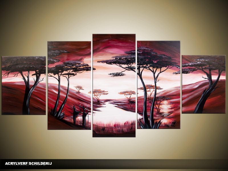 Acryl Schilderij Natuur | Rood, Roze, Crème | 150x70cm 5Luik Handgeschilderd