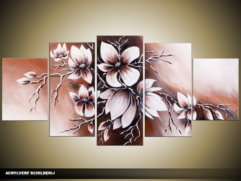 Acryl Schilderij Magnolia | Crème, Bruin | 150x70cm 5Luik Handgeschilderd
