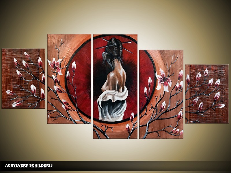 Acryl Schilderij Modern | Rood, Bruin, Crème | 150x70cm 5Luik Handgeschilderd