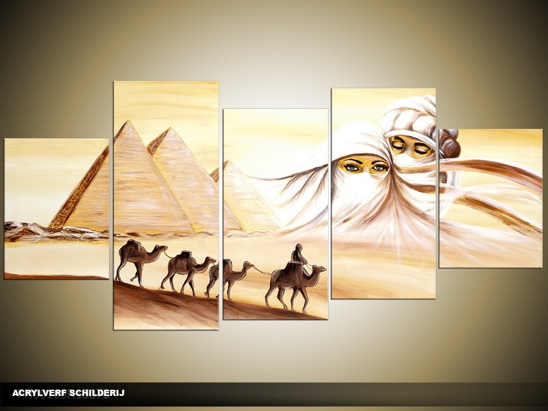Acryl Schilderij Egypte | Geel, Crème | 150x70cm 5Luik Handgeschilderd