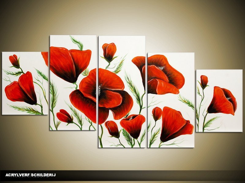 Acryl Schilderij Klaproos | Rood, Wit, Groen | 150x70cm 5Luik Handgeschilderd