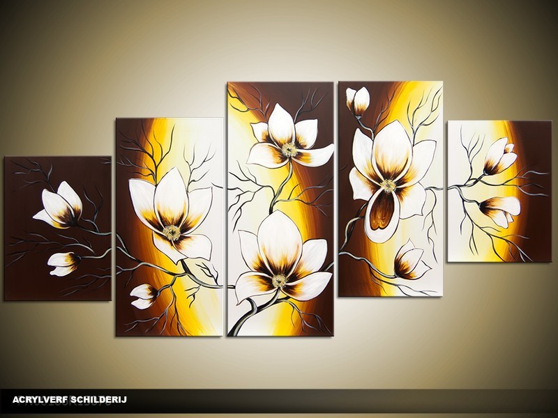 Acryl Schilderij Magnolia | Bruin, Geel | 150x70cm 5Luik Handgeschilderd