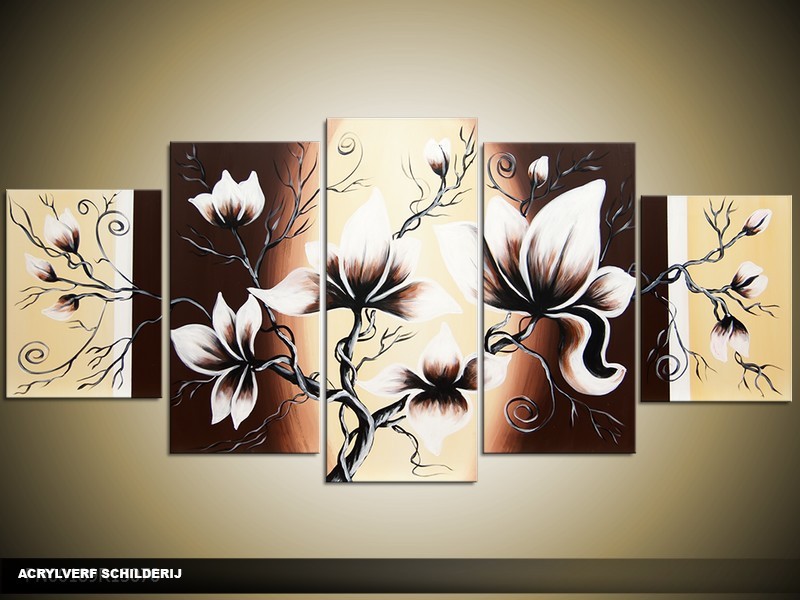 Acryl Schilderij Magnolia | Bruin, Geel, Crème | 150x70cm 5Luik Handgeschilderd