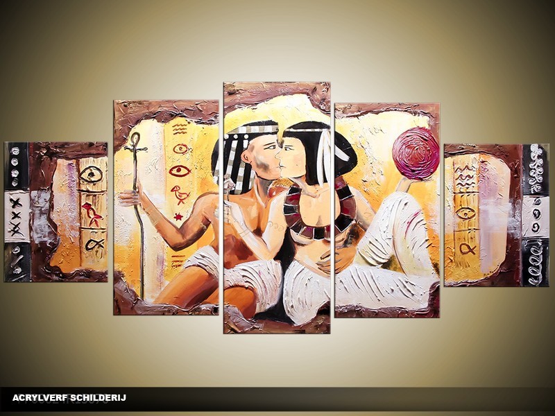 Acryl Schilderij Egypte | Bruin, Crème, Geel | 150x70cm 5Luik Handgeschilderd