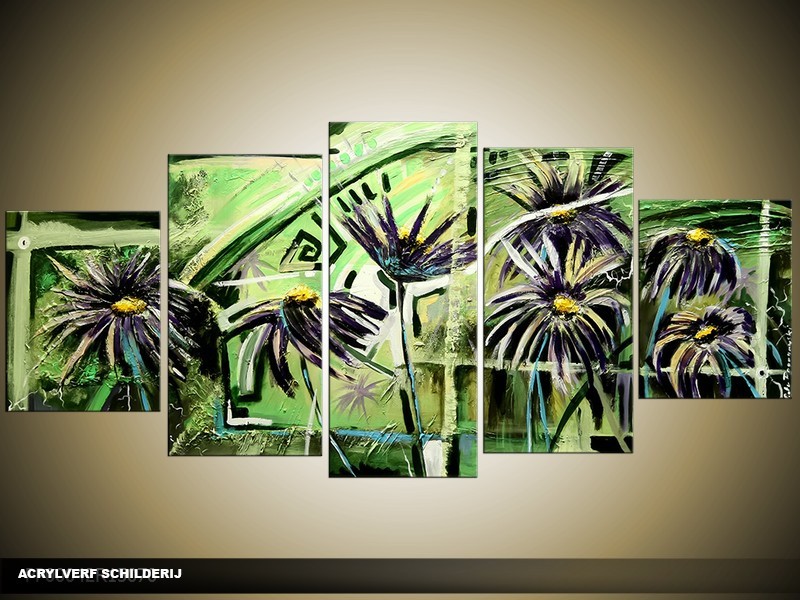 Acryl Schilderij Modern | Groen | 150x70cm 5Luik Handgeschilderd