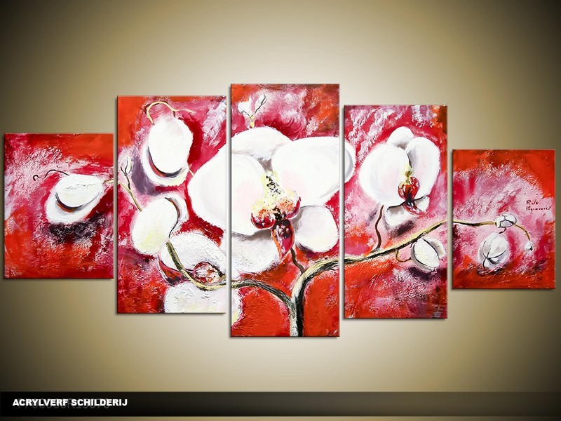 Acryl Schilderij Orchidee | Rood, Wit | 150x70cm 5Luik Handgeschilderd