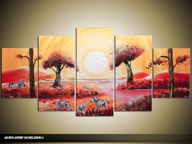 Acryl Schilderij Natuur | Geel, Rood | 150x70cm 5Luik Handgeschilderd