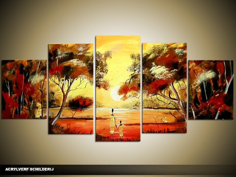 Acryl Schilderij Natuur | Bruin, Geel, Oranje | 150x70cm 5Luik Handgeschilderd