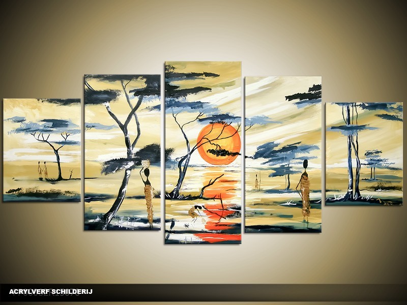 Acryl Schilderij Natuur | Crème, Oranje, Grijs | 150x70cm 5Luik Handgeschilderd