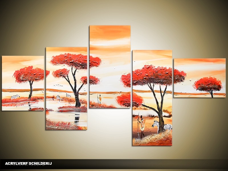 Acryl Schilderij Natuur | Crème, Rood | 160x70cm 5Luik Handgeschilderd