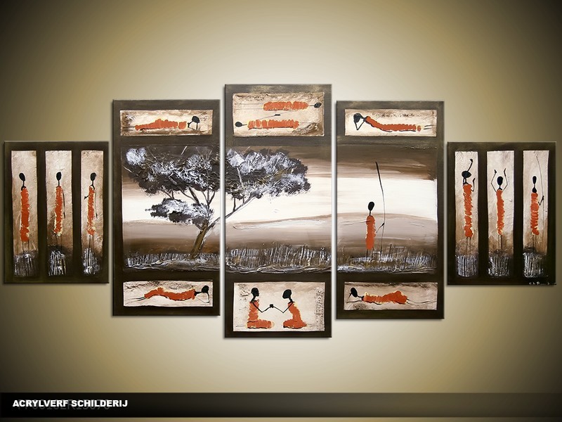 Acryl Schilderij Modern | Rood, Bruin, Crème | 150x70cm 5Luik Handgeschilderd