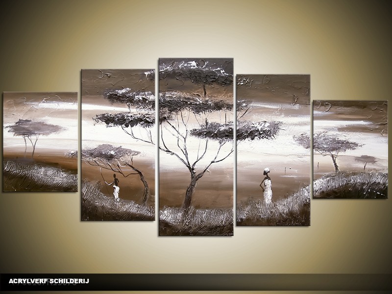 Acryl Schilderij Natuur | Grijs | 150x70cm 5Luik Handgeschilderd