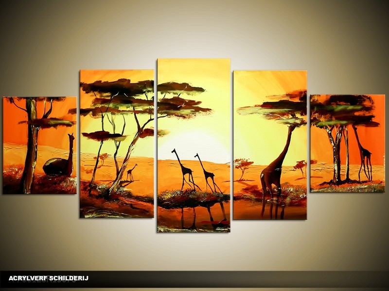 Acryl Schilderij Natuur | Oranje, Geel, Bruin | 150x70cm 5Luik Handgeschilderd