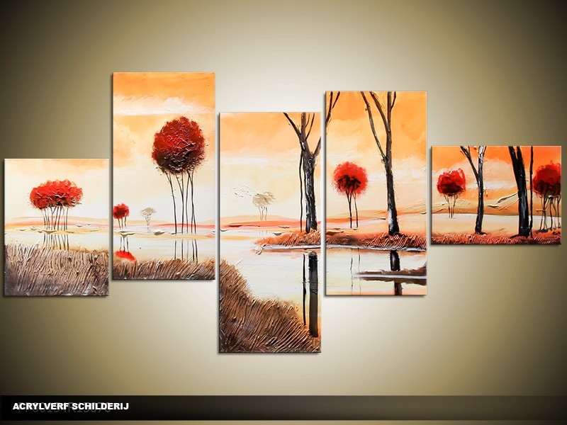 Acryl Schilderij Natuur | Crème, Rood, Bruin | 160x70cm 5Luik Handgeschilderd