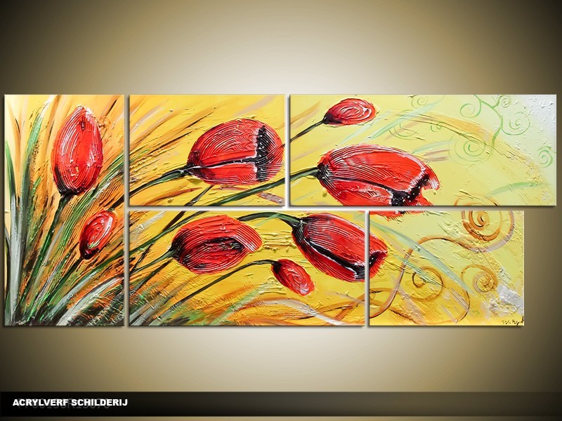 Acryl Schilderij Natuur | Rood, Geel | 130x60cm 5Luik Handgeschilderd