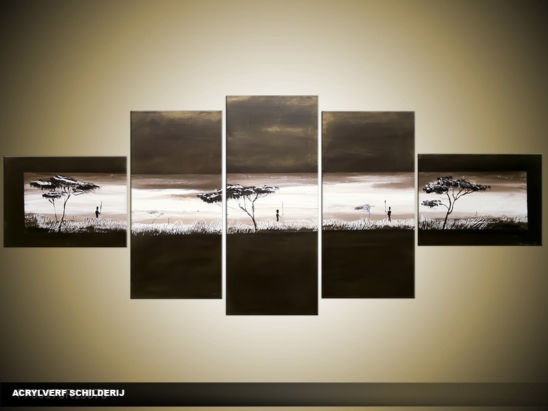 Acryl Schilderij Natuur | Zwart, Grijs | 150x70cm 5Luik Handgeschilderd