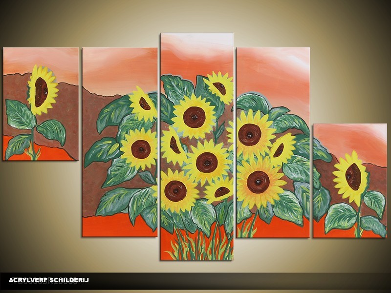 Acryl Schilderij Zonnebloem | Geel, Bruin, Rood | 100x60cm 5Luik Handgeschilderd