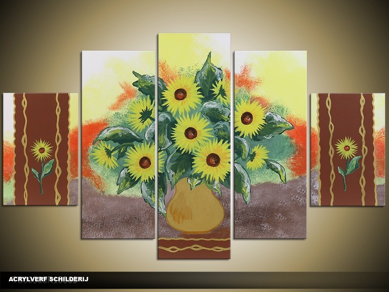 Acryl Schilderij Zonnebloem | Geel, Bruin, Groen | 100x60cm 5Luik Handgeschilderd