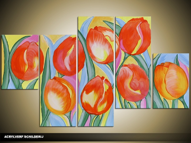 Acryl Schilderij Tulp | Oranje, Geel, Rood | 100x60cm 5Luik Handgeschilderd