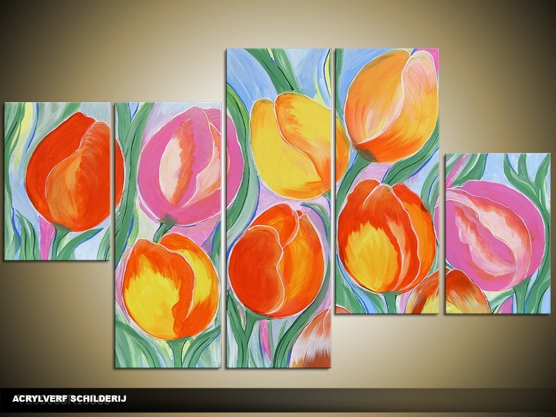 Acryl Schilderij Tulp | Oranje, Geel, Rood | 100x60cm 5Luik Handgeschilderd