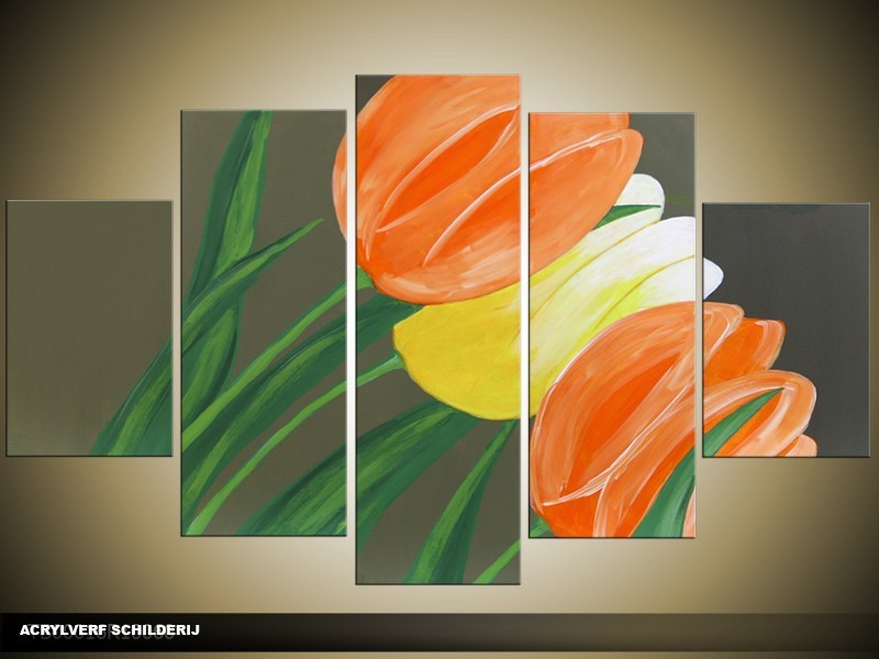Acryl Schilderij Tulp | Grijs, Oranje, Groen | 100x60cm 5Luik Handgeschilderd