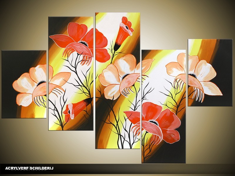 Acryl Schilderij Lente | Zwart, Geel, Rood | 100x60cm 5Luik Handgeschilderd