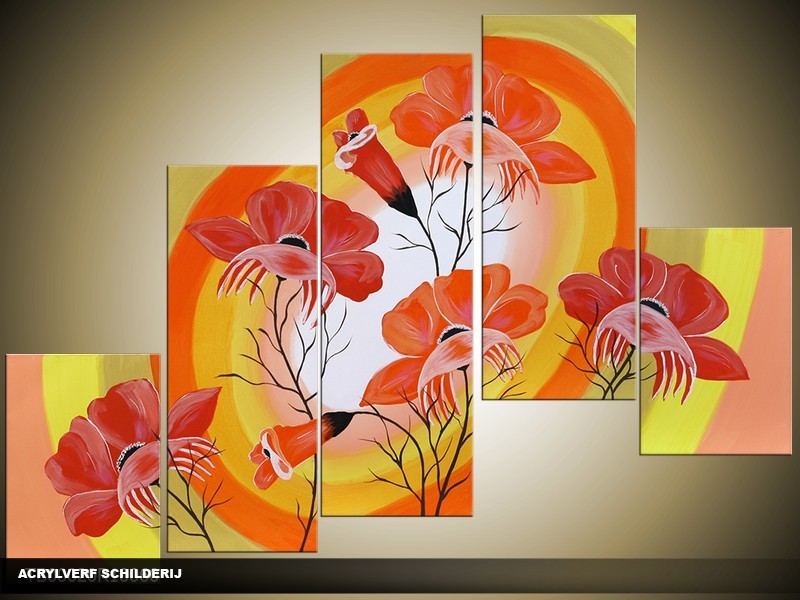 Acryl Schilderij Lente | Geel, Rood, Oranje | 100x60cm 5Luik Handgeschilderd