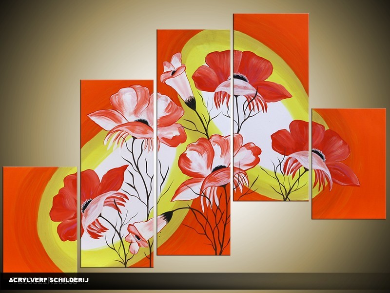 Acryl Schilderij Lente | Geel, Rood, Oranje | 100x60cm 5Luik Handgeschilderd