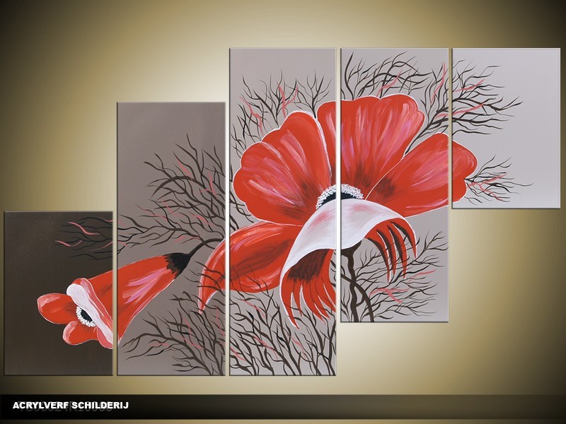 Acryl Schilderij Modern | Grijs, Rood | 100x60cm 5Luik Handgeschilderd