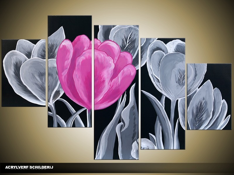 Acryl Schilderij Tulp | Roze, Grijs, Zwart | 100x60cm 5Luik Handgeschilderd