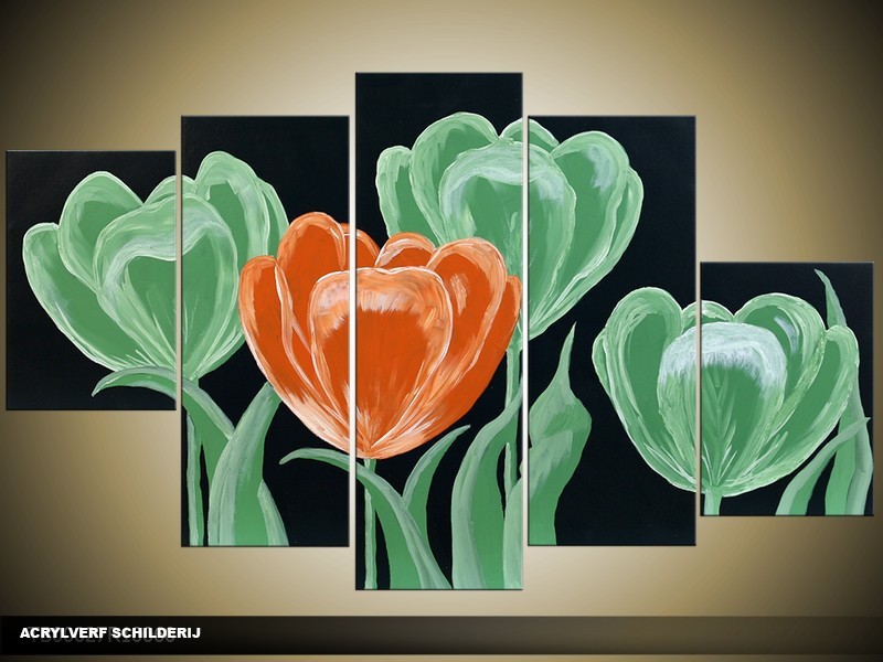 Acryl Schilderij Tulp | Groen, Oranje, Zwart | 100x60cm 5Luik Handgeschilderd